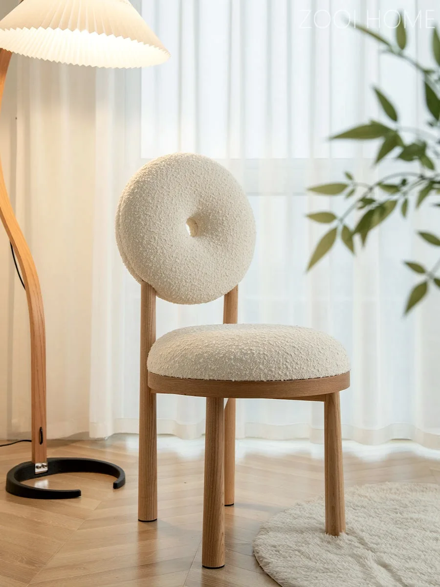 Wooden Dining Chair Retro Casual Back Bedroom Dressing Chair Pure White Lamb Wool Creative Desk Chair Simple Modern Donut Chair