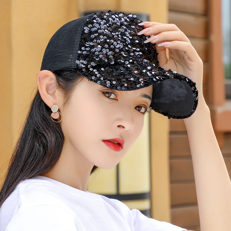 Summer Women Glitter Mesh Breathable Baseball Cap Shiny Sequins Ponytail Sunscreen Peaked Hat FemaleOutdoor Sports Snapback Hats