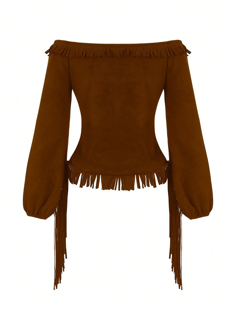Sexy Off Shoulder Wrap Chest Tight Body T Shirt Women Long Sleeves Tassel Retro Western Style Shirt Ladies Tee Tops Camisetas