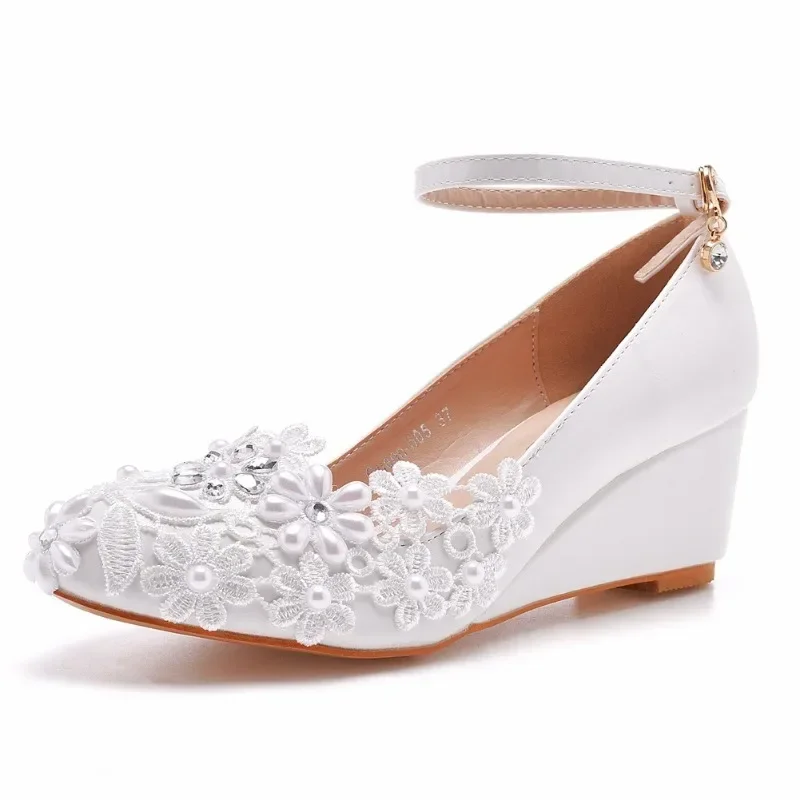 Pumps Women Office Round Toe Lace Buckle Strap PU 5CM Wedges Dress Sandals Japanese Style Party Shoes Woman White Classics