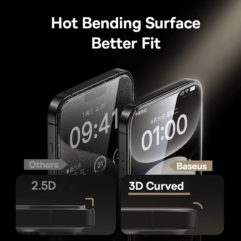 Baseus 3D Curved Tempered Glass for iPhone 16 15 Pro Max Hot Bending Full Coverage Shatterproof Clear Corning Screen Protector