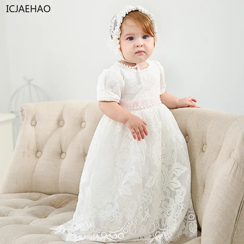 2025 Kids Girls Clothes Christening Birthday Outfits White Infant Princess Dress Baptism Baby Girls Matching Lace with Hat 1-3y