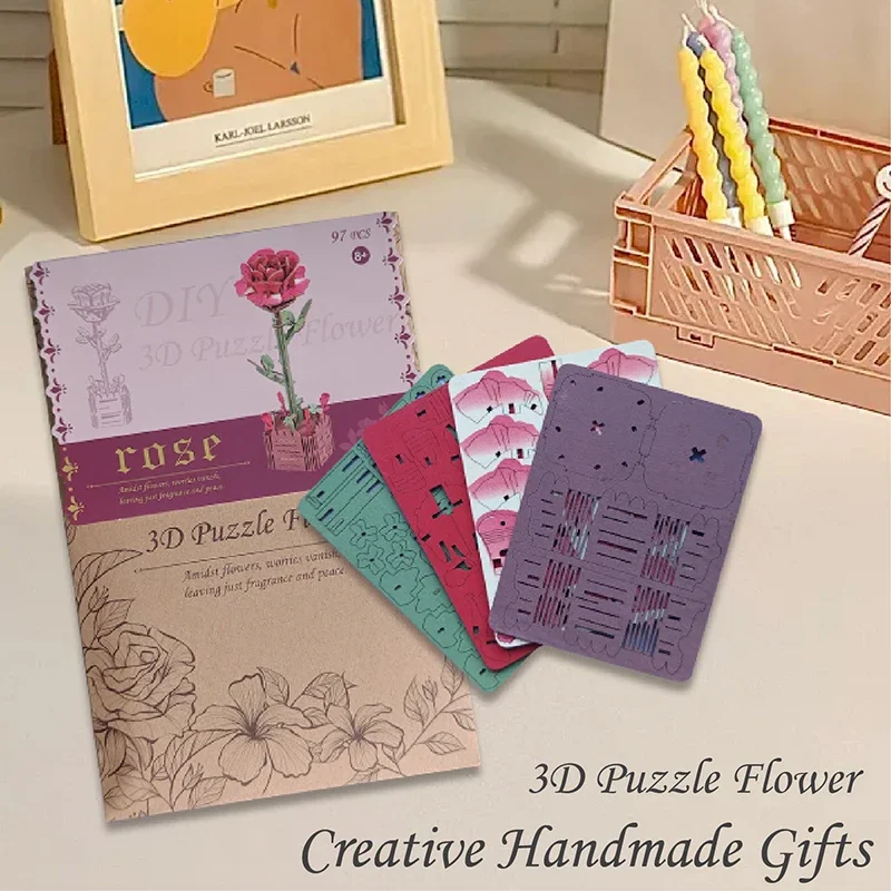 Adornos decorativos de escritorio, rompecabezas en maceta de flores, bricolaje de madera 3D, rosa de girasol ensamblada, juego de juguetes de bloques de construcción, regalos para niños