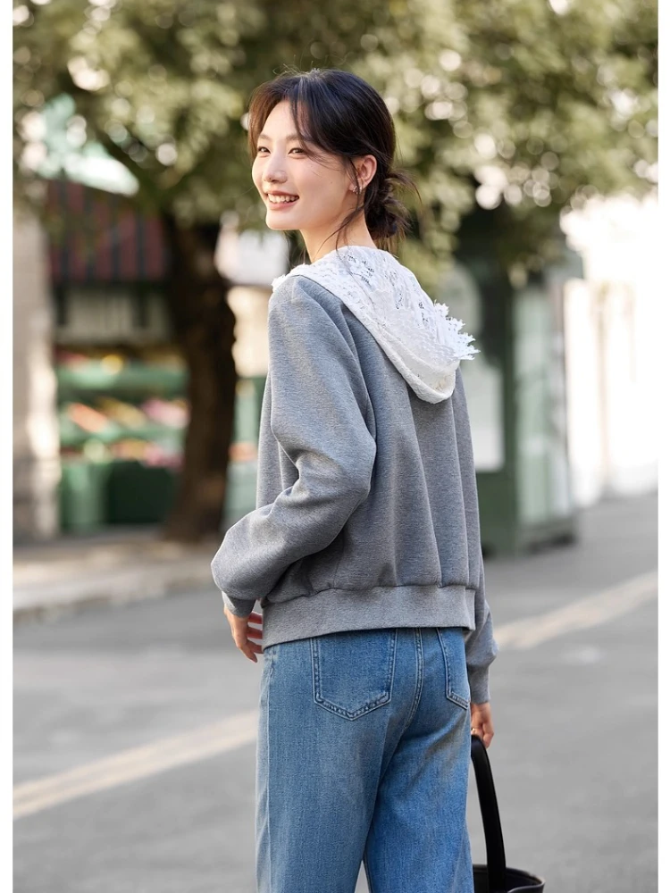 VIMLY Grigio Pizzo Con Cappuccio Patchwork 2 in 1 Giubbotti Sportivo Donna Autunno 2025 Elegante Manica Lunga Cerniera Lavorato A Maglia Cappotti da Donna A2178