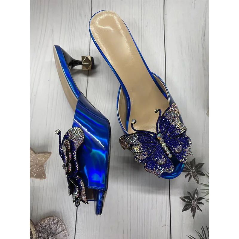 2024 Summer Butterfly   Crystal Sandals Leather Plus Peep Spout Women Metal Trim Heel Sandals  Big Size