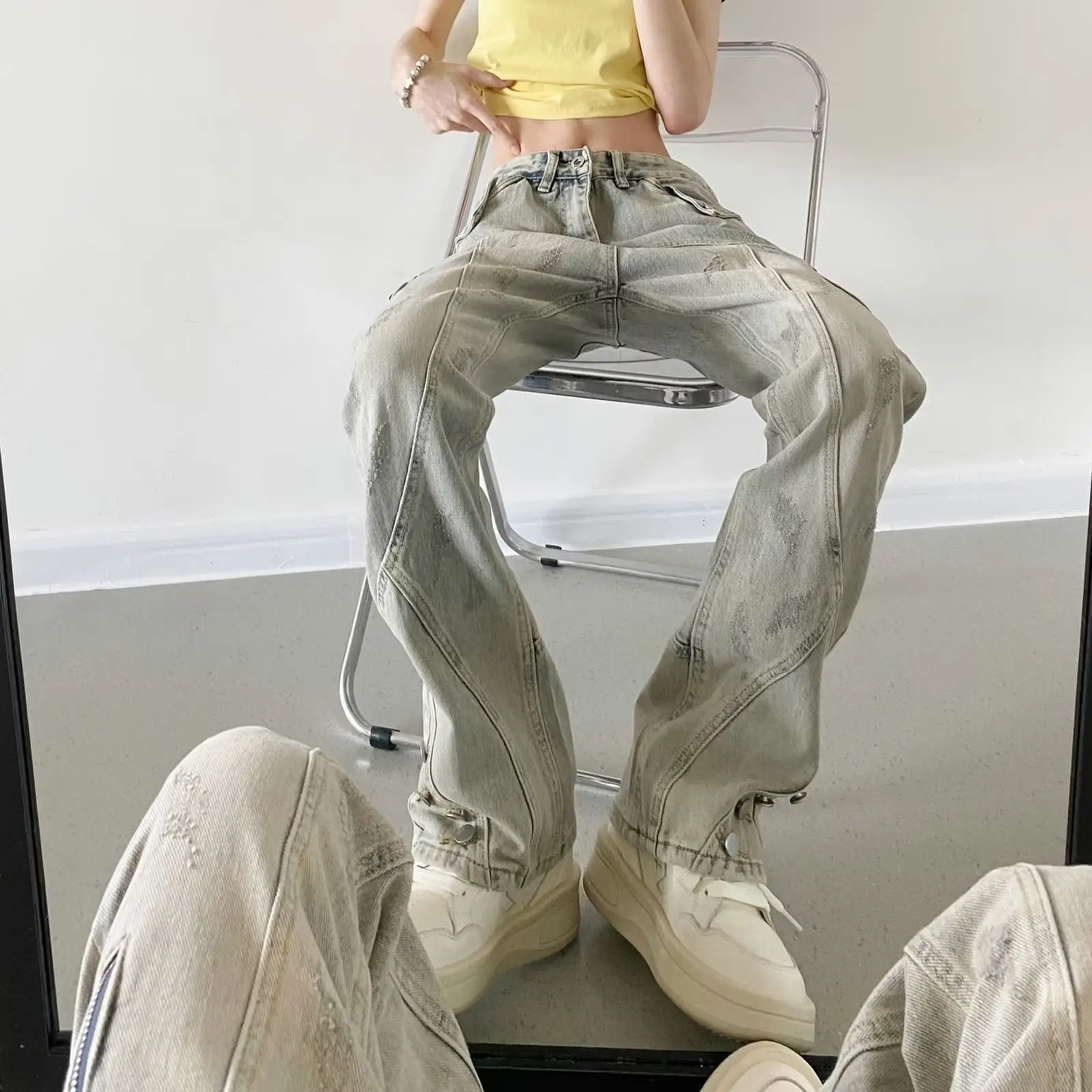 Luxury Man Clothing Brands Yellow Mud Jeans Men's High Street Straight-leg Pants Thin Micro Cargo Straight-leg Flared Pants