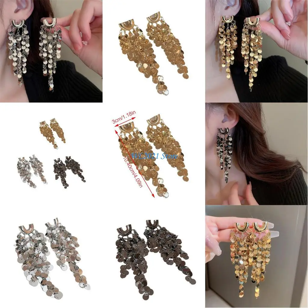 

G5GC Metal Sequins Earring Tassel Long Drop Dangle Earrings U-shaped Earring