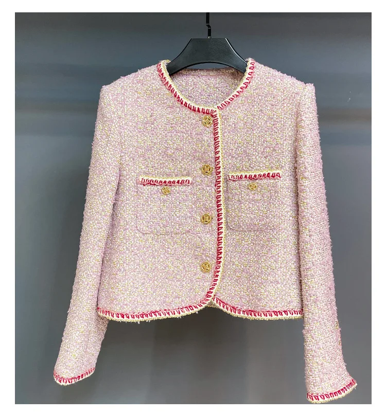 

2022 Spring Autumn France Style Sweet Women's High Quality Pink Color Tweed Jackets O-neck Short Coat B458