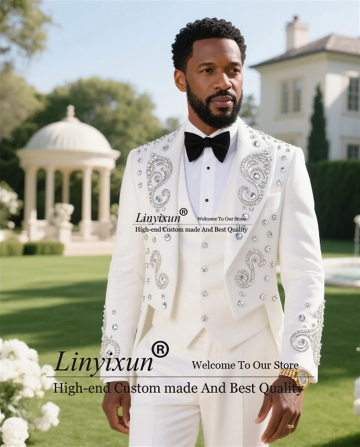 

Fashion White Diamond Wedding Men Suit Customized Groom Tuxedos Slim Elegant Male Prom Blazers 3 Piece Sets trajes para hombre