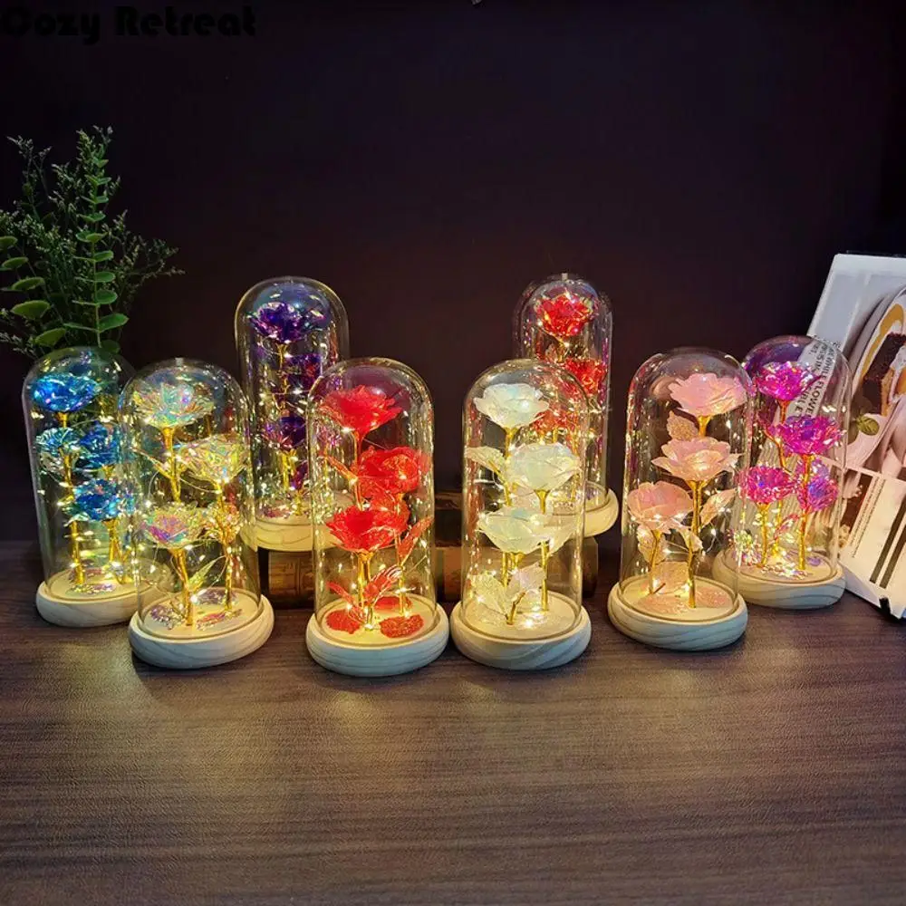 

Романтическая искусственная роза с акриловой крышкой Светящаяся подсветка Роза Декоративная 3-головочная роза Светодиодный цветочный светильник День матери