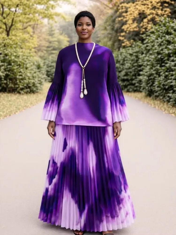 

Костюм с плиссировкой в стиле Мияке, модный принт, свободный топ, элегантные плиссированные брюки с широкими штанинами, комплект из двух предметов, женская одежда, новинка 2026 года