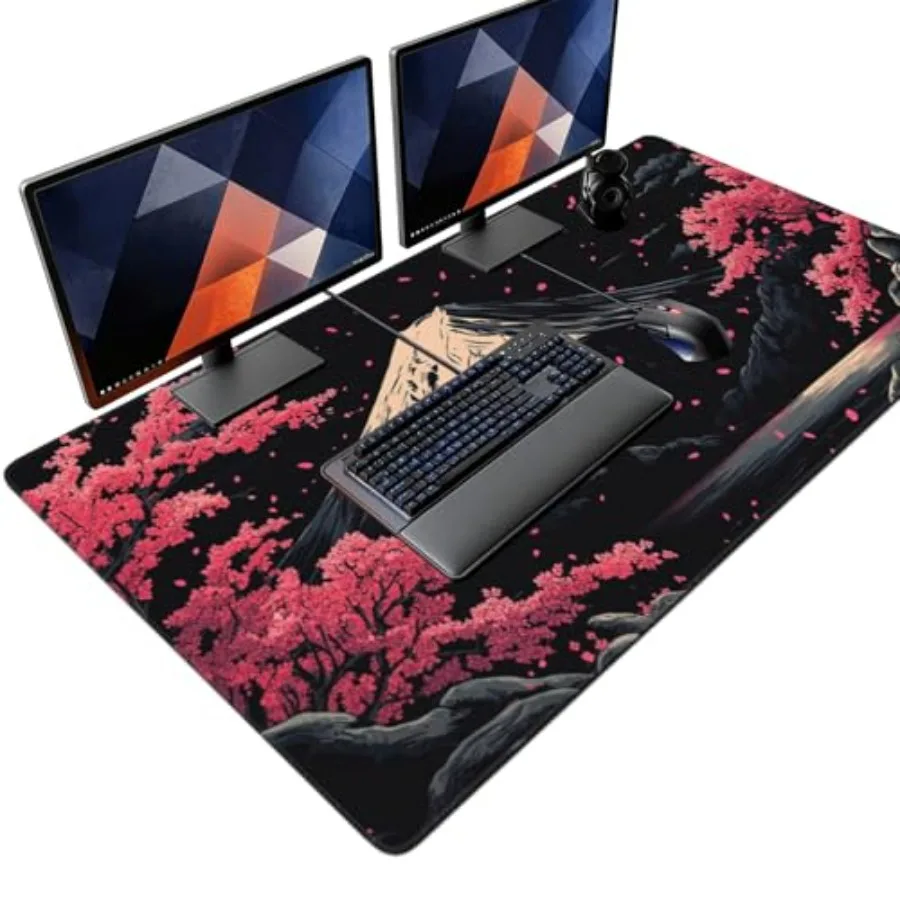 Extra XXXL Japanese Cherry Blossom Gaming Mouse Pad, Watercolor Mouse Pads Keyboard Mat, Stitched Edges Mousepad, Non-Slip Rubb