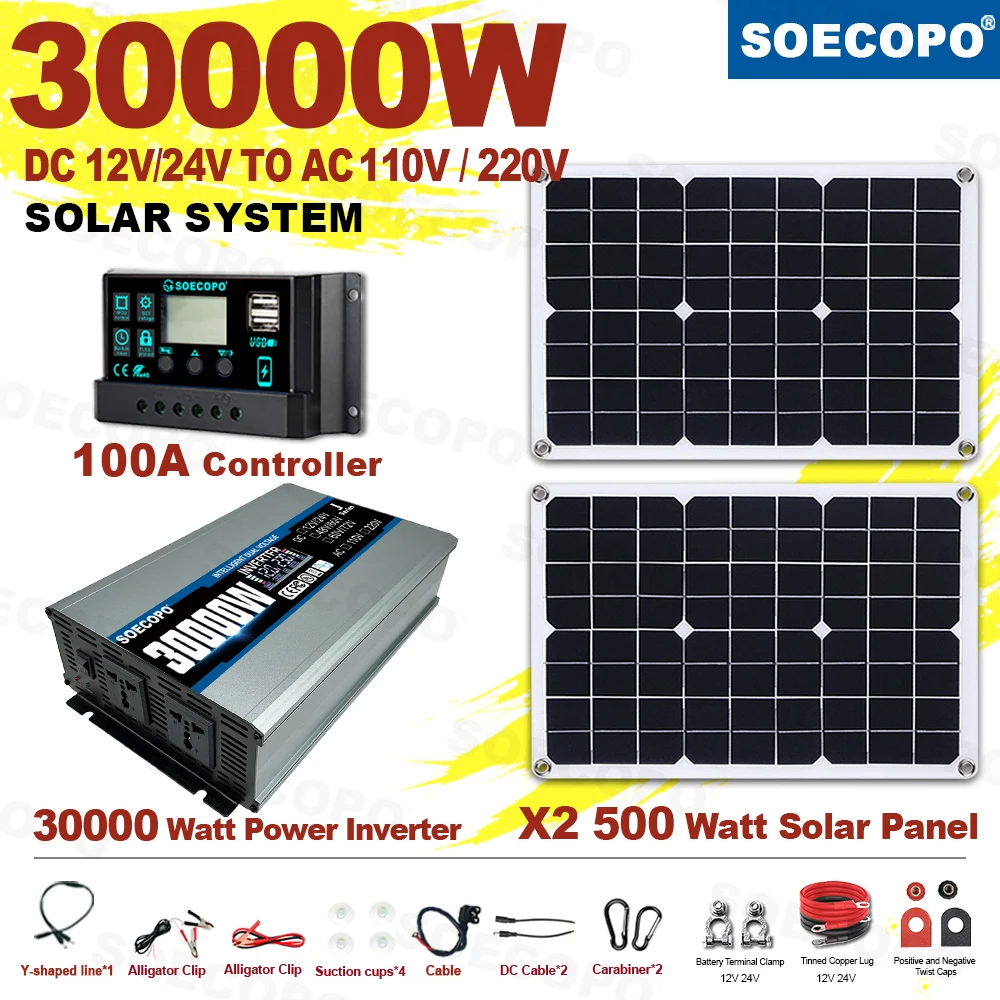 

SOECOPO 30000W Peak Solar System Kit 2x500W Panels 100A Controller Dual Voltage Inverter DC 12V 24V To AC 110V 220V for Home