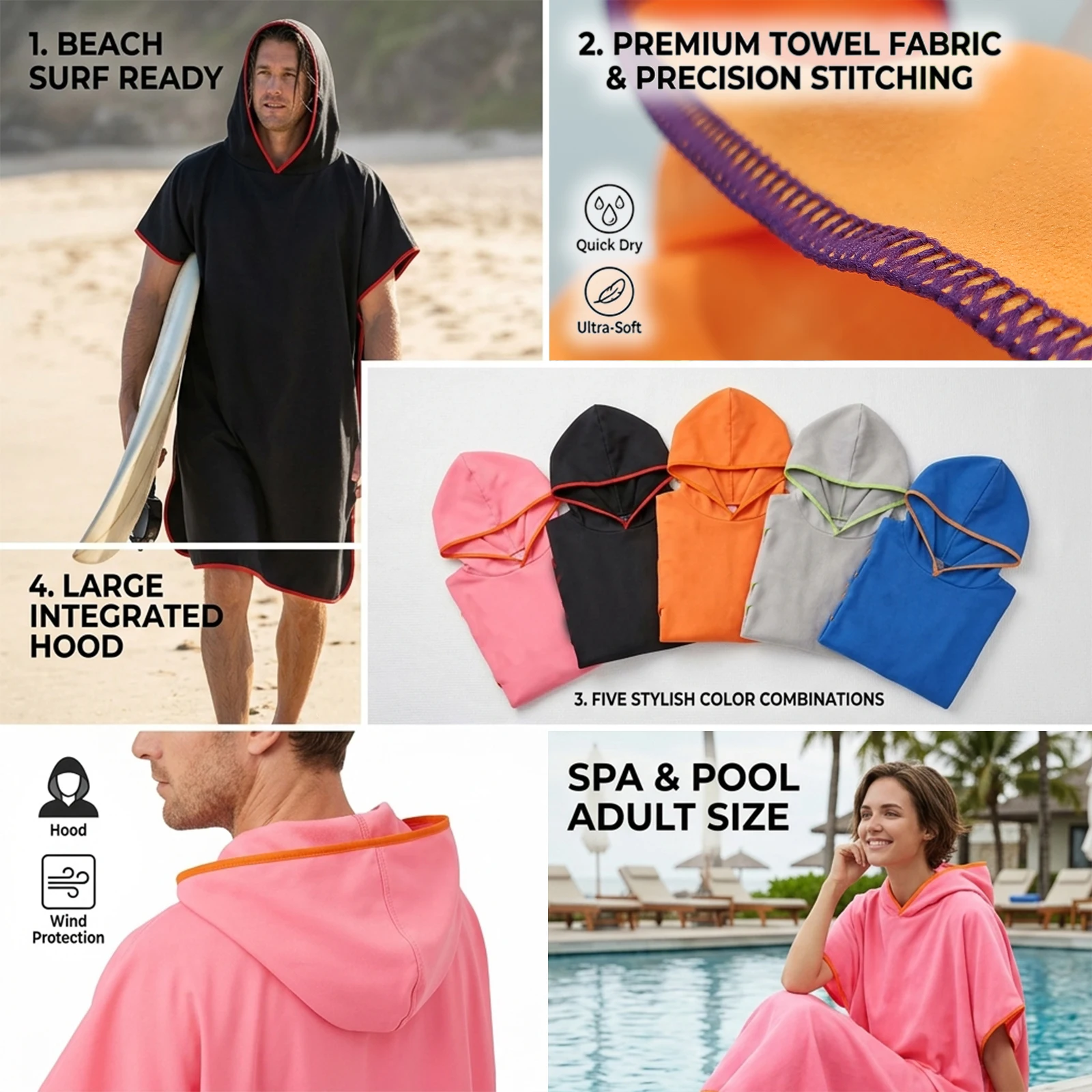Einfarbiger, leichter Cross-Neck Surf-Poncho ohne Taschen aus Mikrofaser, schnelltrocknender Bademantel mit seitlichem Druckknopfverschluss, bequemer Surf-Badeanzug.
