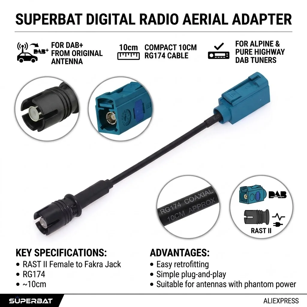 Superbat RAST II para Fakra Z Adaptador de cabo Conversor de antena de rádio digital para carro DAB DAB + FM AM para rádio estéreo de carro europeu alpino
