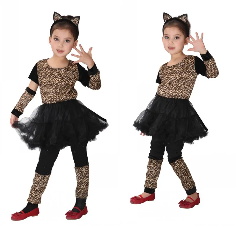 Halloween Children Leopard Dress Cosplay Costume Holiday Party Black Cute Clothes Sets Stage Performance Fashion Dress Clothing