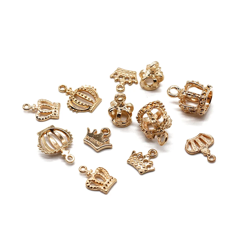 20PCS KC Gold Metal 3D Princess Crown Charms Love Hearts Leaf Pendants Fit Bracelet DIY Handmade Jewelry Making Findings