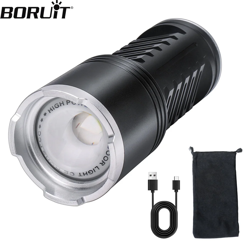 BORUiT 30W Powerful LED Flashlight 1600LM USB Rechargeable Zoom Torch 1000m Long Rang Lamp With Built-in Battery for Fishing