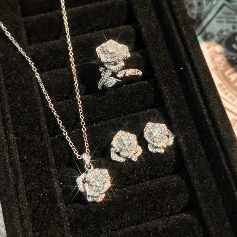 Geometric micro-set with diamonds luxury rose flower ladies engagement ring 925 sterling silver ear stud pendant jewelry