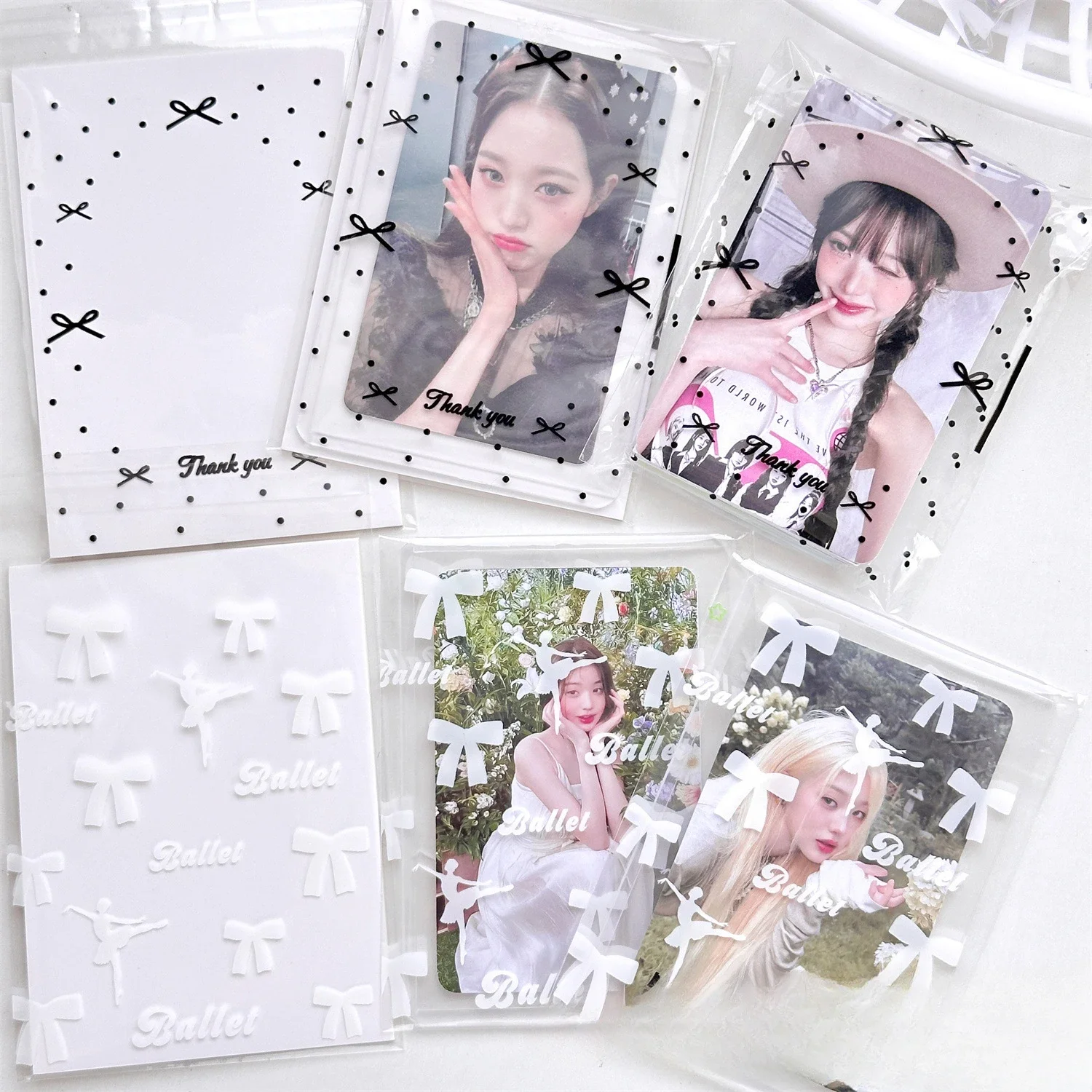 50pcs Idol Card Sleeves INS Ballet Style Photocard Protector Ins Transparent Bowknot Print Self-adhesive Opp Bags Packaging Bag