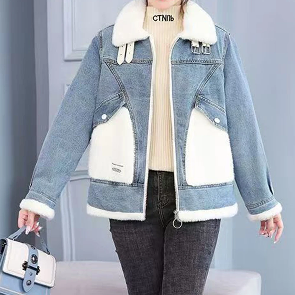 2025 winter new lamb wool plush loose denim jacket women's fashion casual retro versatile wool coat