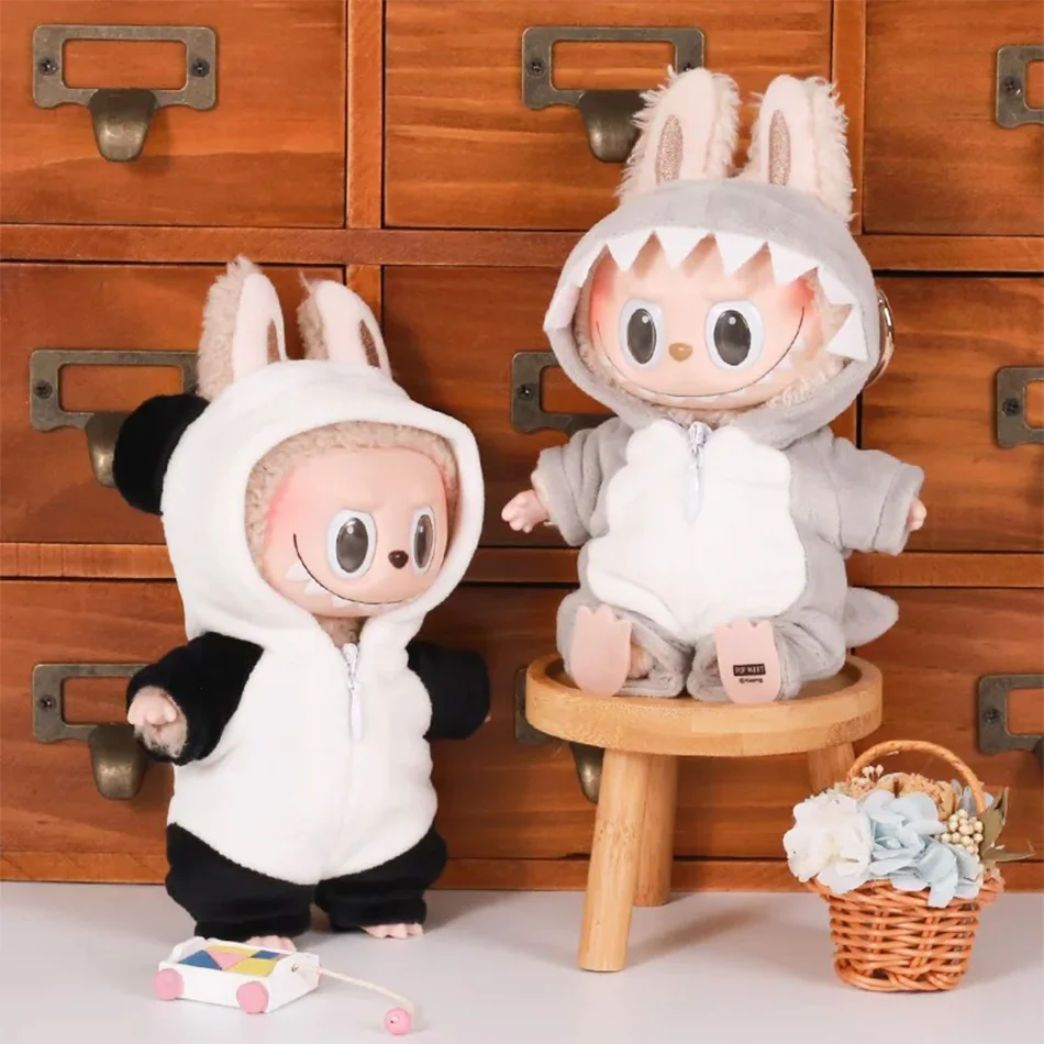 Ropa de muñeca de peluche para muñeca Labubu, traje de dinosaurio con sombrero, accesorios, ropa para muñecas
