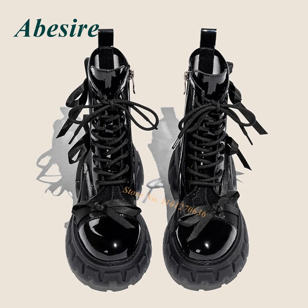 

Cross Tied Boots Black Glossy Leather Round Toe Lace Up Women's Ankle Boots Height Increasing Mesh Side Zipper Casual