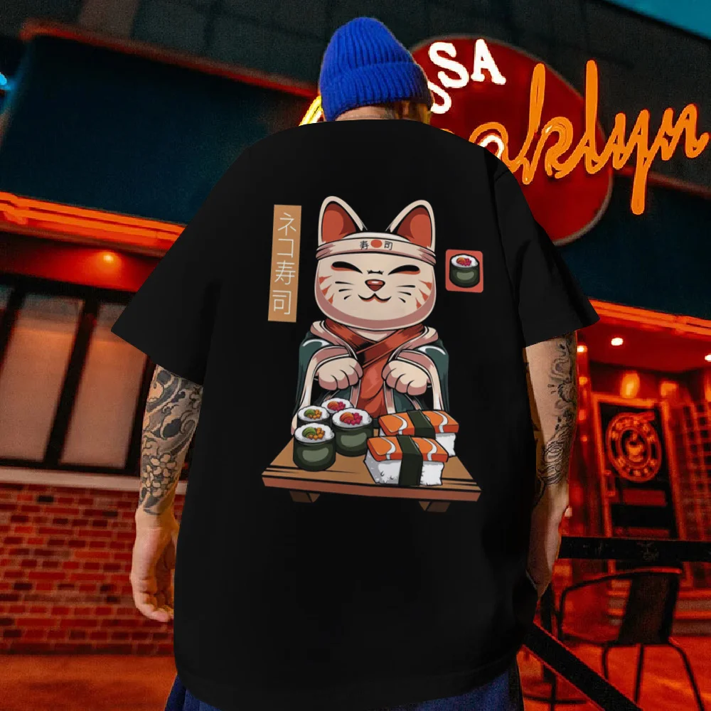 Men's T-Shirt Sushi Lucky Cat Printed Male Clothing Fashion Casual Short Sleeved Loose Oversized Shirt Street Harajuku Tops Tees