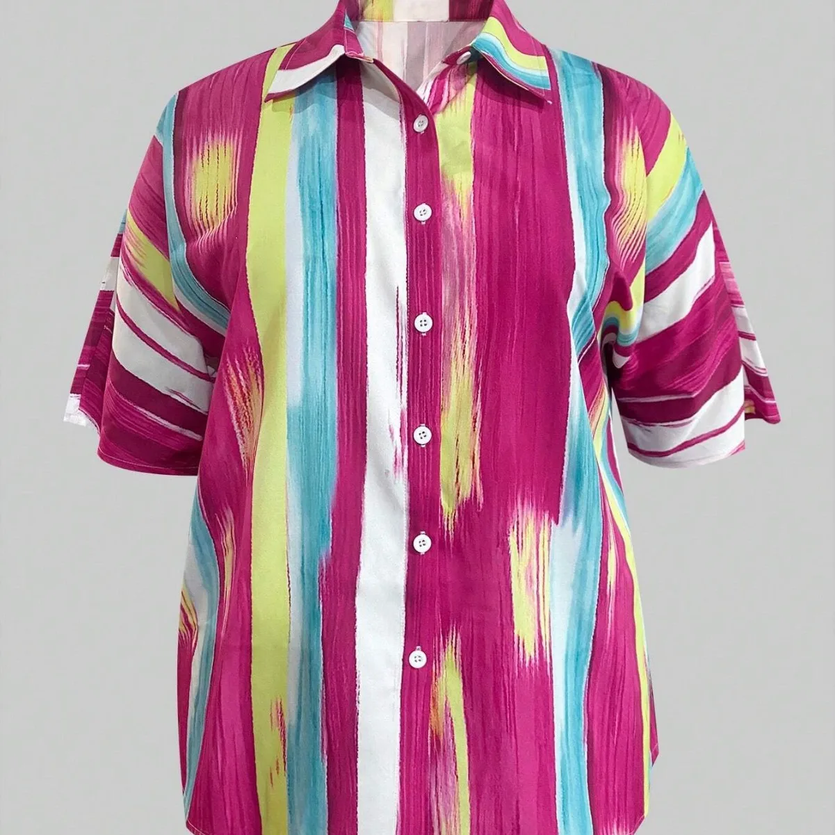 Camicia taglie forti Camicia a righe con colletto couverture Camicie larghe da donna a maniche corte Camicette abbottonate casual moda femminile Top