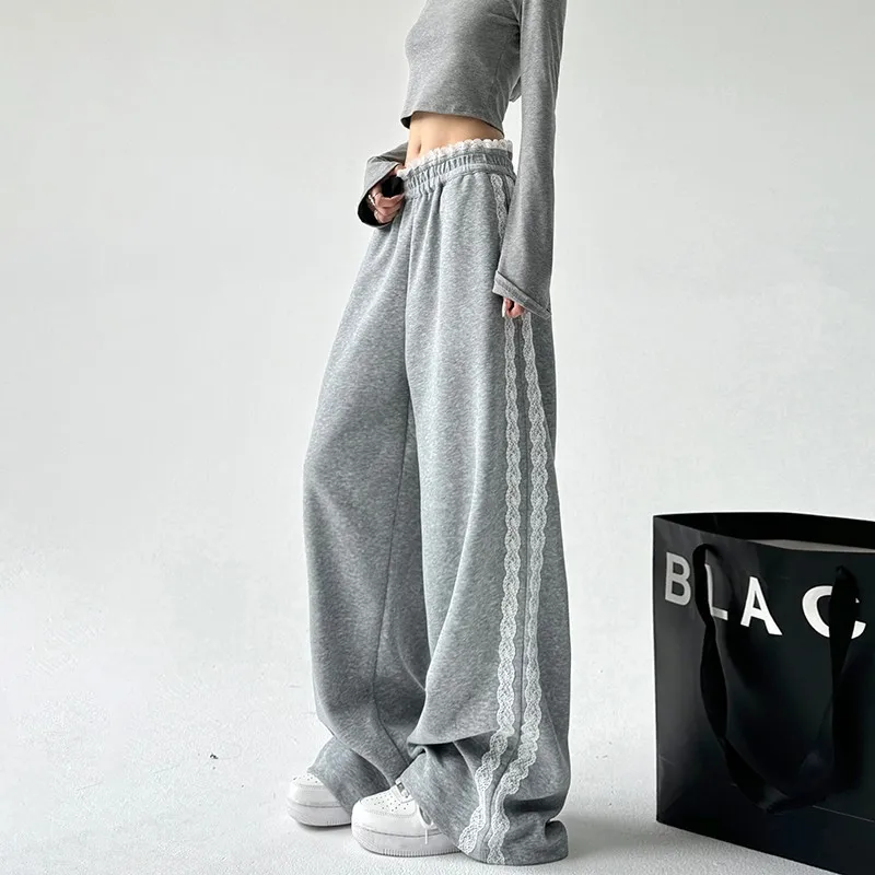 

UNITIM Women Straight Pants Cotton Lace Spliced Wide Leg Pants for Ladys Loose Female Casual Pants Elastic Waist Women Trousers