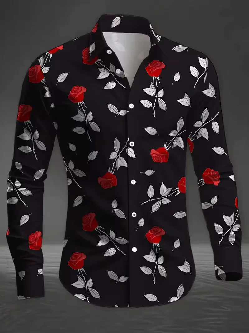 New men's long sleeved button up shirt with 3D puzzle printed flower pattern casual fashion top for men