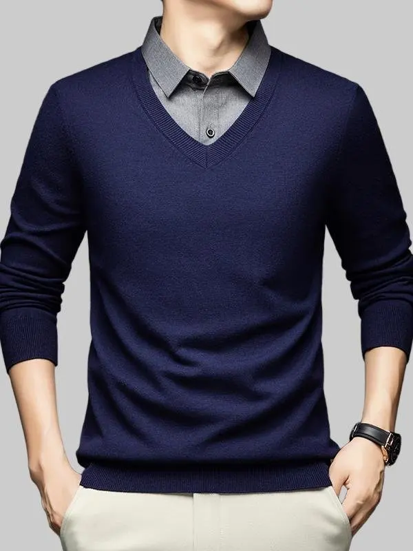 

New Men's Camere irt Collar Sweater Thiened Casual Winter Two-Piece Set Warm Woolen Knitwear Mid-Aged Men's Faion