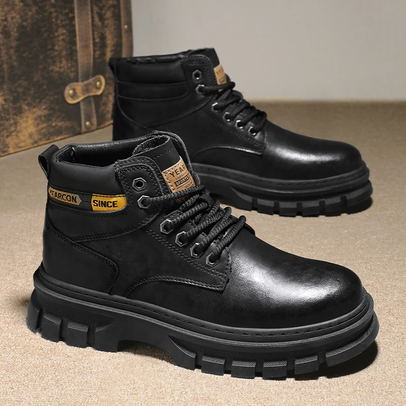 

British Style Black Boots Man Biker Shoes Leather Platform Men's Ankle Boots Comfort Lace-Up Motorcycle Boots Men Working Boots