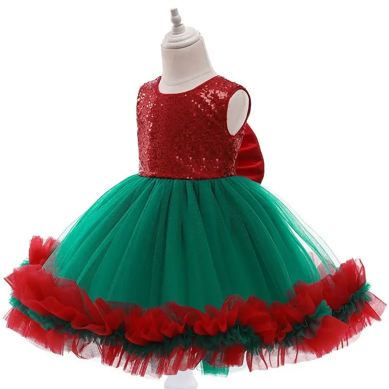 

European and American children's dress Christmas style with bow and sequin green dress red fluffy performance dress baby Christm