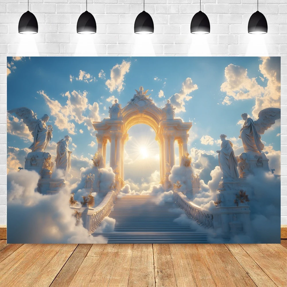 Himmel-Hintergrund, weiße Wolken, Engelsstatue, Treppe, Tür, Ostern, Party, religiöse Aktivitäten, Fotografie-Hintergrund, Fotostudio-Requisiten