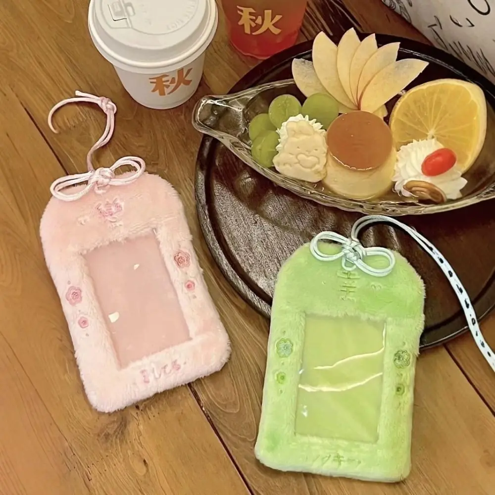 

Fashion Cherry Blossoms Plush Photocard Case Bag Keychain Idol Photos Protective Cover Photocard Case Student Card Holder