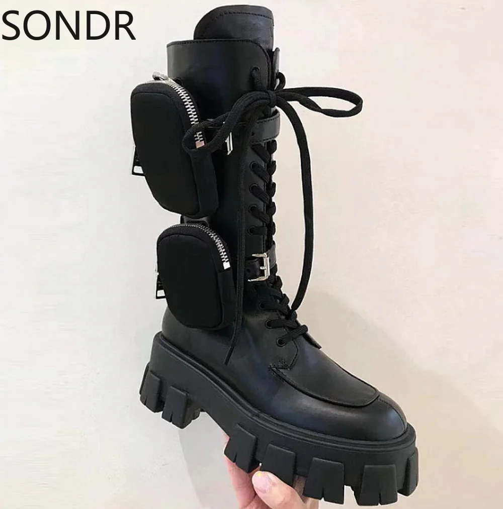 Womens Round Toe PU Leather Belt Purse Pocket Arm Mid Calf Boots Platform Chunky Heel Combat Punk Shoes Black New 2024