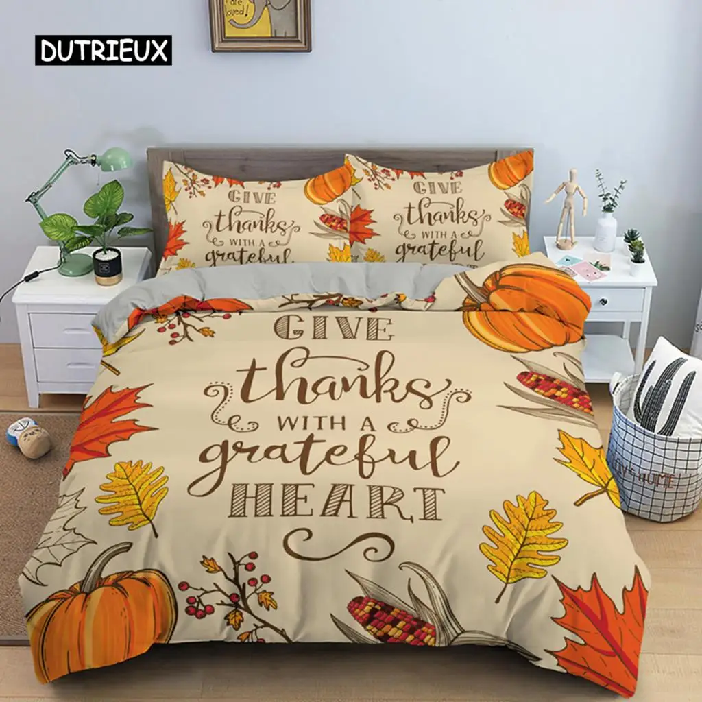 

Autumn Thanksgiving Day Duvet Cover King Queen Cartoon Orange Pumpkin Turkey Bedding Set Maple Leaves Soft Polyester Quilt Cover