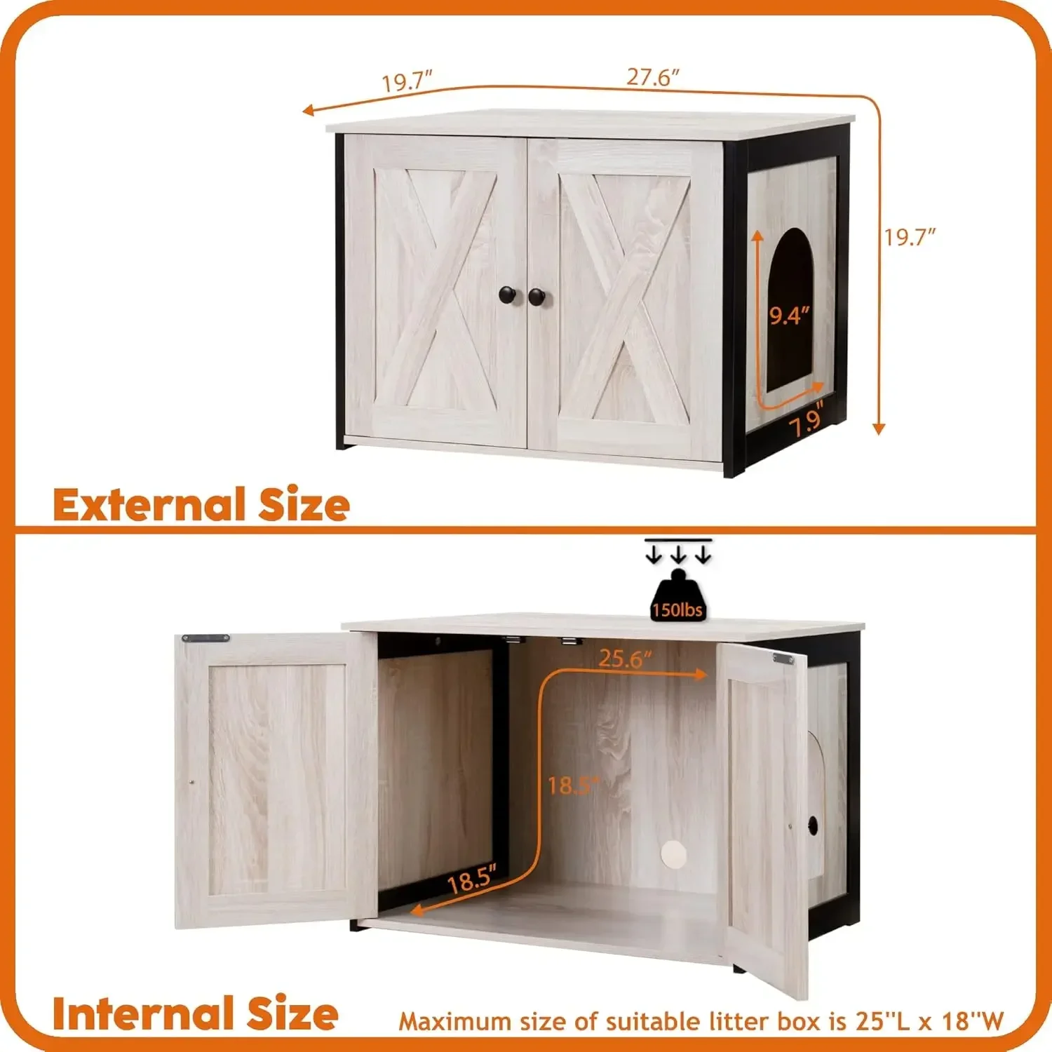 Litter Box Enclosure, Cat Litter Box Furniture Hidden, Reversible Entrance Can Be on Left or Right Side, Wooden Cat Washroom