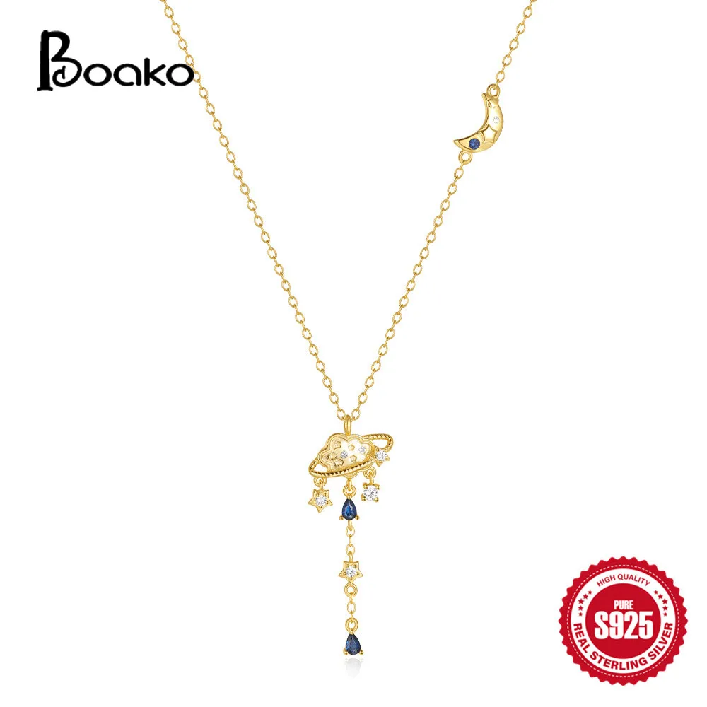 BOAKO S925 Sterling Silver Star Cloud Planet Tassel Pendant Necklaces For Women Girl Collar Chain 2024 Fashion Couple Necklace