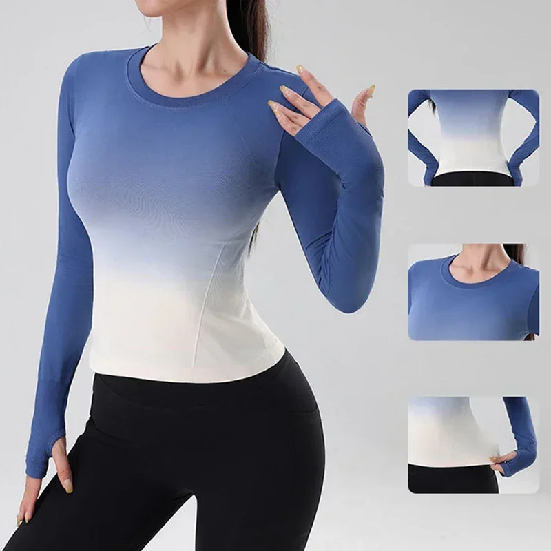 Aiithuug Gradiented Color Gym Tops Yoga Long Sleeve Workout Waist Slim gradient ramp Tops with Tumb Hole Slim Running Jogging