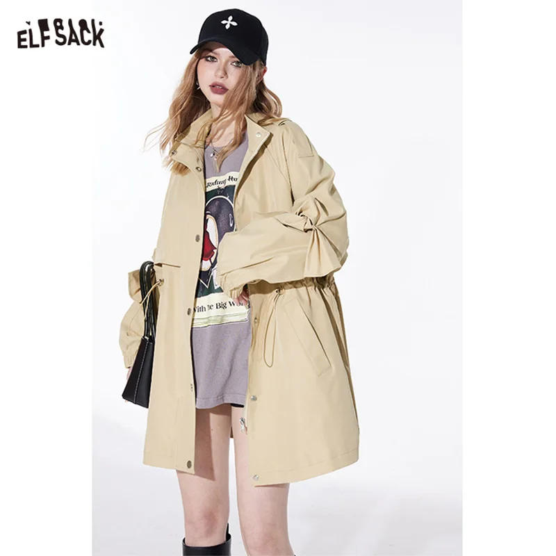 

ELFSACK OL style office solid color lapel drawstring windbreak coat for women 2024 spring new casual simple style button mid lon