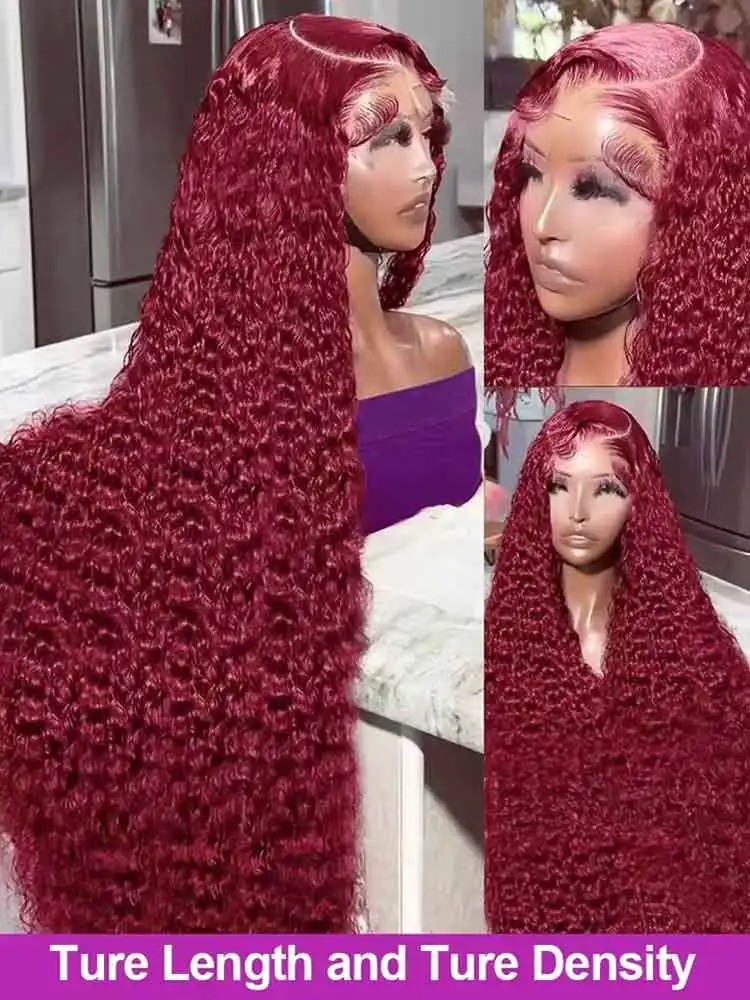 99J Burgundy 250 Density 13x4 HD Lace Front Wigs Human Hair Red Wine 30 Inch Deep Wave Brazilian Curly Glueless Lace Frontal Wig image 4