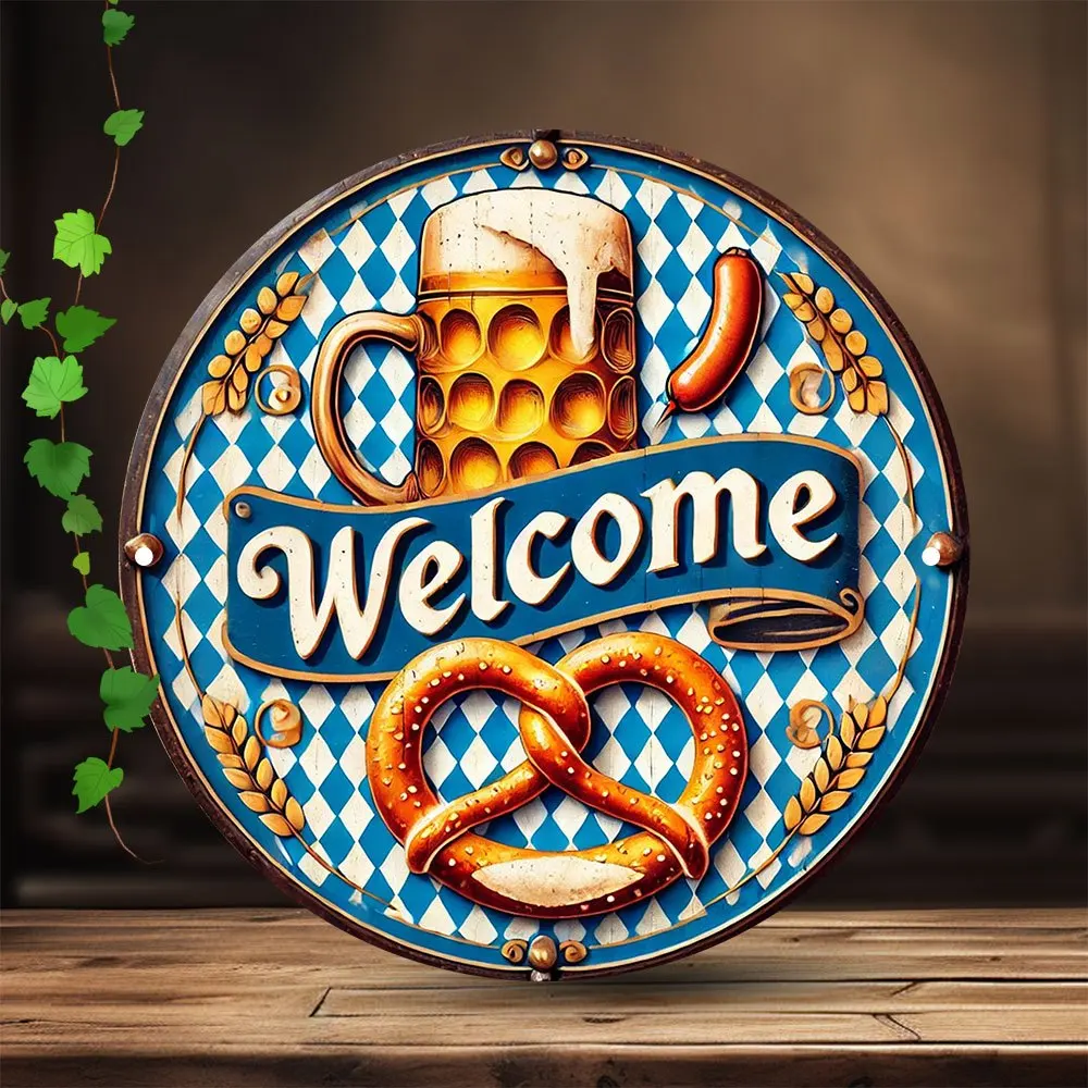 [2D Flat] 1pc Retro Metal Munich Oktoberfest Welcome Sign, 7.8X7.8 inch Circular Aluminum Painting, 2D, for Bedroom, Living Room
