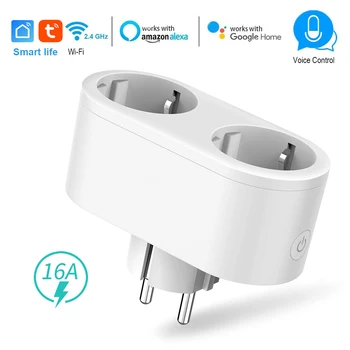 16A Tuya akıllı çıkış WiFi çift fiş ab 2 In 1 soket anahtarı akıllı yaşam APP ses zamanlama kontrolü çalışır alexa Google ev ile