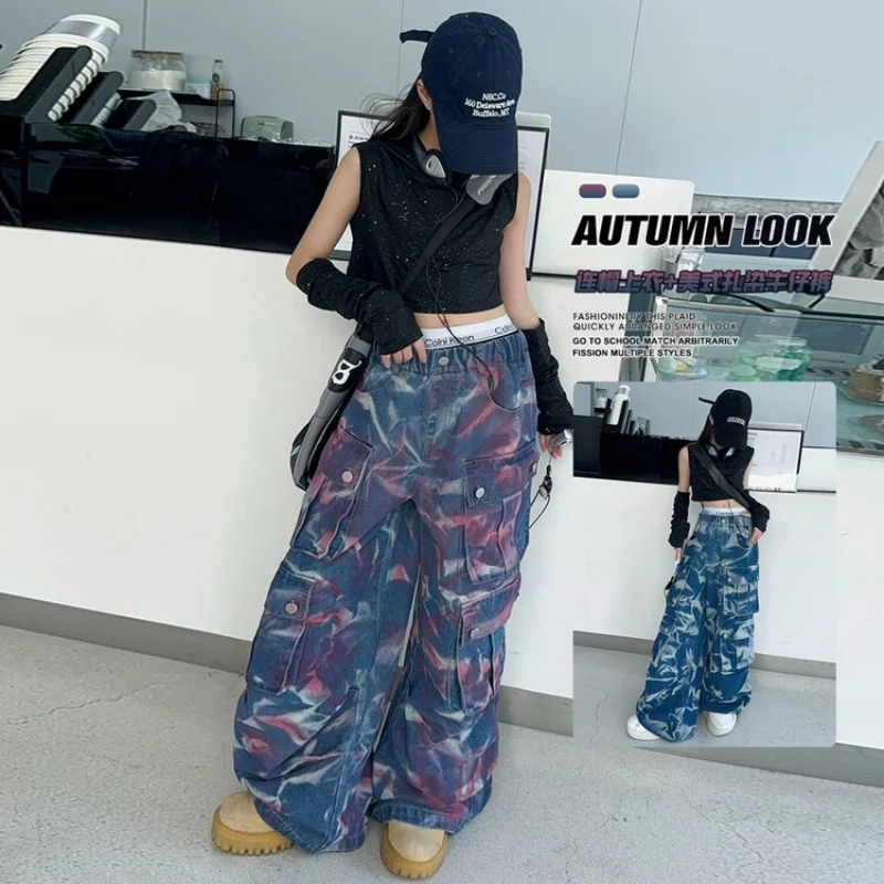 Girls' Spring/Autumn Work Pants - Loose Casual Pants. Youth High-Waist Tie-Dye. Camouflage Cargo Wide-Leg Pants