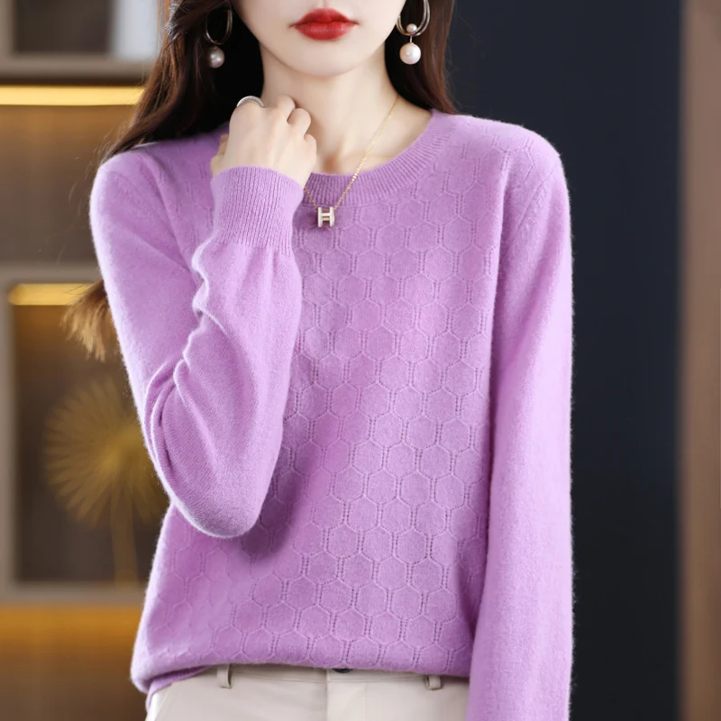 

Autumn and winter new 100% pure wool sweater women's loose round neck hollow long-sleeved pullover wool sweater