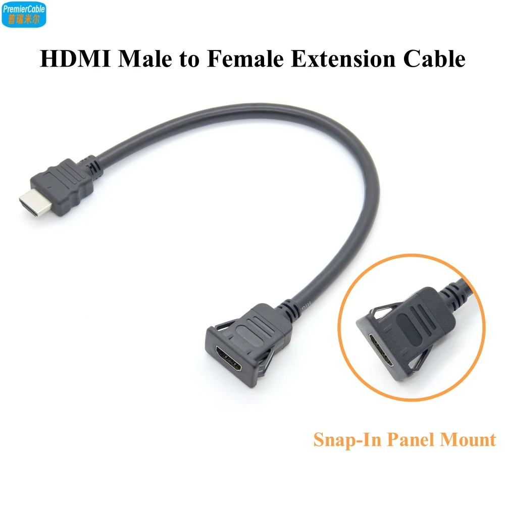 Snap-In Panel Mount HDMI 2.0 Male to Female Extension Cable Buckle Type Square Dashboard Flush Embedded Cable for Car Truck Boat