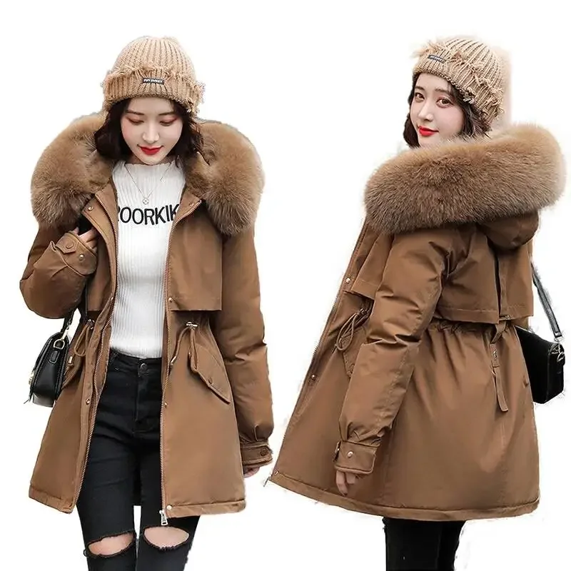 Slim With Fur Collar Warm Snow Wear Padded Clothes Women Parka Fashion Long Coat Plush Lining Hooded Parkas New Winter Jacket