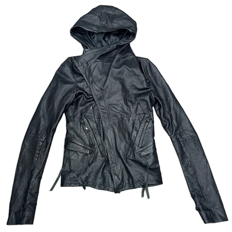 Chaqueta desgastada de cuero con capucha de alienígena con doble cremallera de piel de oveja auténtica de estilo oscuro para hombres y mujeres primavera otoño